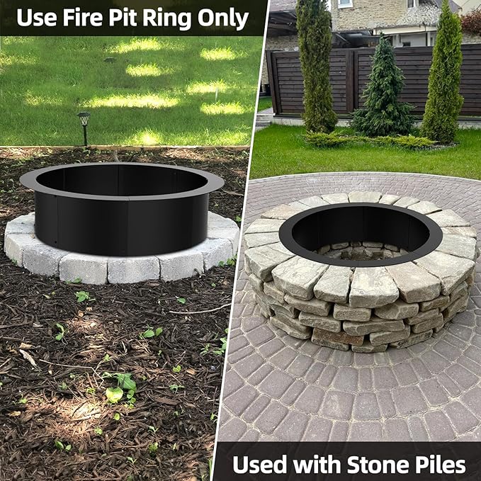 48 inch Inner Fire Pit Ring, 52 inch Outer Large Round Steel Fire Pit Insert Metal Fire Ring Liner Rim Heavy Duty for Outdoor