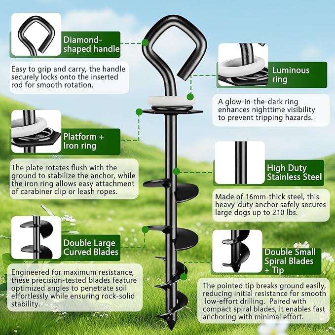 Dog Tie Out Stake for Outdoor Adventures - Glow in The Dark, Heavy Duty - for Large Dogs Up to 210 lbs, Rust-Proof, Durable - Portable for Camping, Beach, or Yard - Compatible with Any Leash