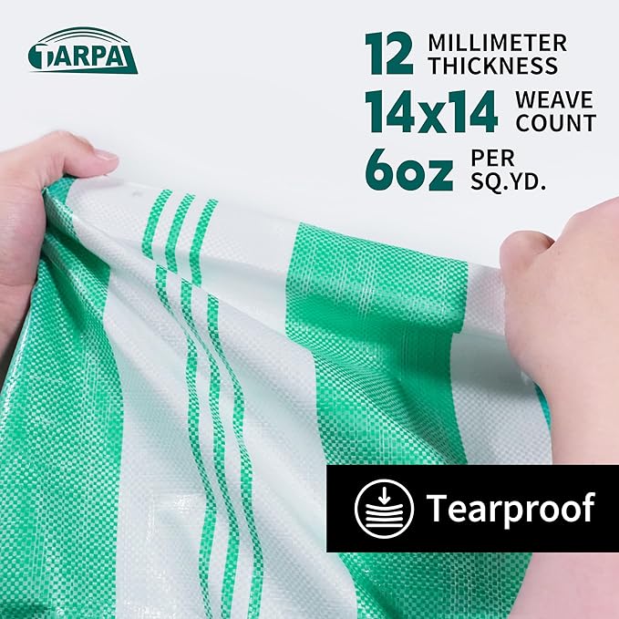 TARPAL Heavy Duty Poly Tarp 10x12 Feet 12mil Striped tarp Multipurpose Protective Cover Durable, Waterproof, Weather Proof, UV,Rip and Tear Proof（Green/White）