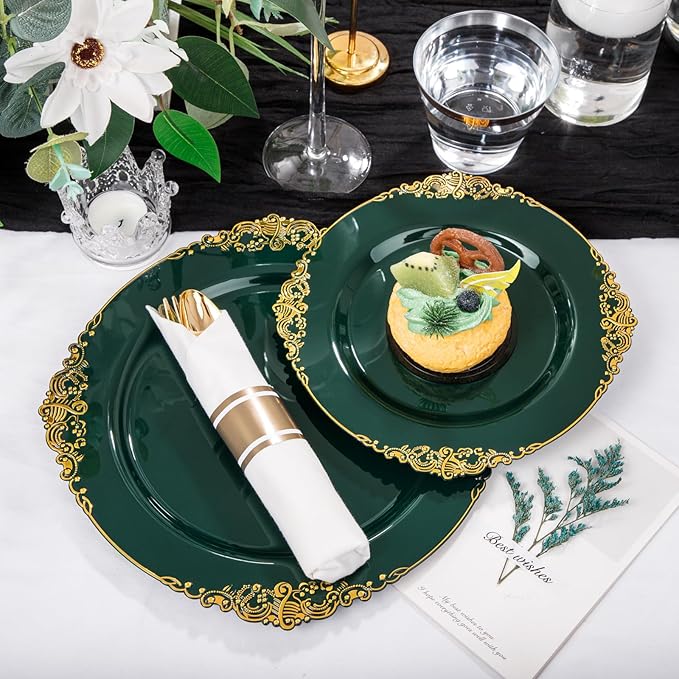 Nervure 175PCS Green Plastic Plates - Disposable Green Gold Party Plates & Pre Rolled Napkins with Cutlery for 25 Guests, 50Plates, 75Silverware, 25Cups, 25Napkin for Wedding & Party