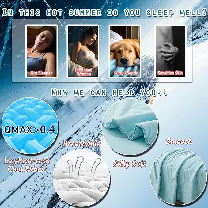 MorroMorn Cooling Comforter for Hot Sleepers & Night Sweats - IceyRest Cold Touch Technology, Lightweight Summer Blanket All-Season Breathable Silk Smooth (Ice Blue, King Size 104"x90")