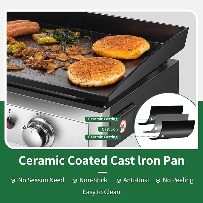 Gas Griddle Flat Top 24 Inch, 3 Burner, 30000 BTU, Stainless Steel Tabletop Grill with Lid and Iron Pan, Portable Griddle Propane for Kitchen, Camping, Outdoor, Tailgating, Barbecue