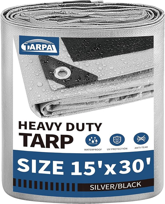 TARPAL 15x30 Feet Tarps Silver 10.5Mil Multipurpose Protective Cover Heavy Duty Tarp Waterproof,Snow or UV Protection,Durable Reinforced Edges