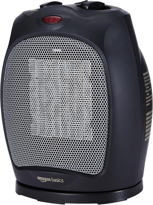 Amazon Basics Oscillating Ceramic Space Heater, Portable Indoor Heating Solution, With Overheat and Tip-Over Protection, Thermostat, 1500W, 7.52"D x 6.34"W x 9.45"H, Black
