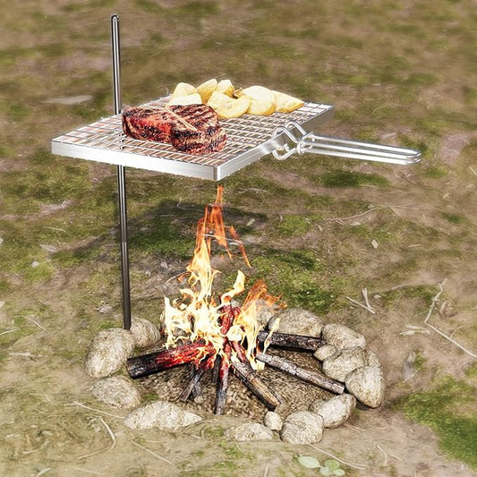 Swivel Campfire Grill Grate, 360°Adjustable Heavy Duty Steel Grate Camping Grill, Portable Camping Essentials, BBQ Over Fire Pit Grill, Fire Racks Cooking Equipment for Outdoor Open Flame Cooking