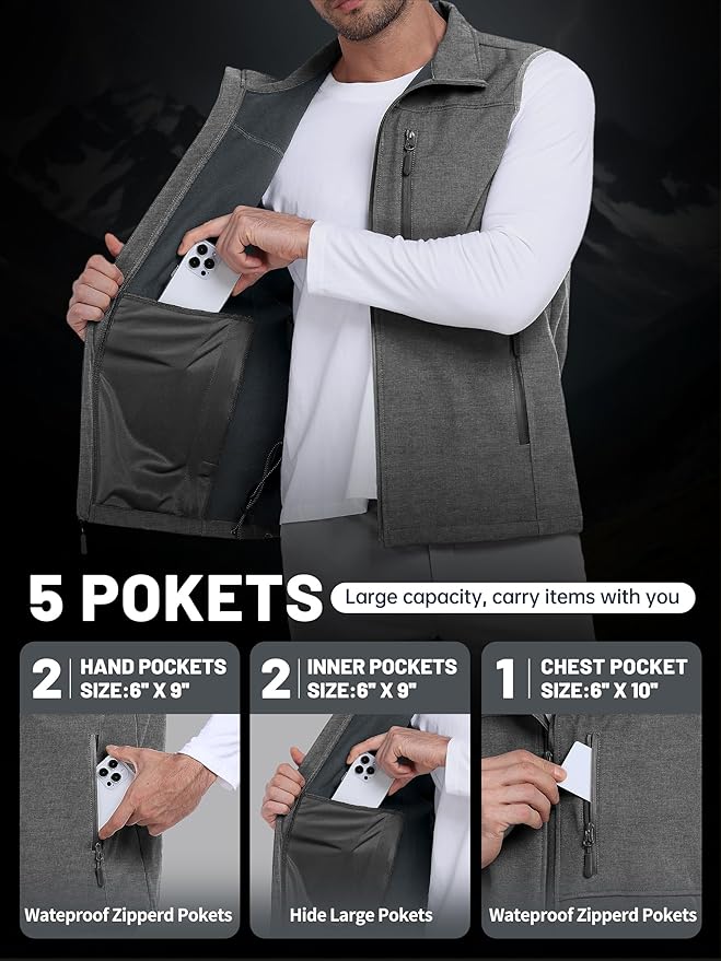 Mens Windproof Golf Vest Outerwear Fleece Lined Softshell Sleeveless Lightweight Jacket