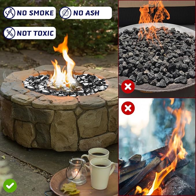 Fire Glass 20lbs, 1/2 Inch Black Reflective Firepit Glass for Propane Fire Pit Table, Fireplace Rocks, High Luster and Heat Resisitant