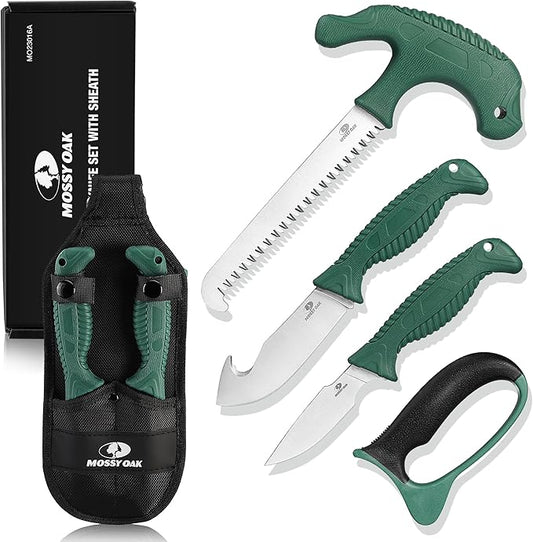 Mossy Oak Field Dressing Kit, 4 Pcs Hunting Knife Set with Portable Sheath, Gut-Hook Skinner, Caping Knife, Wood/Bone Saw, Knife Sharpener, for Deer Hunting, Camping, Perfect Hunting Gifts for Men