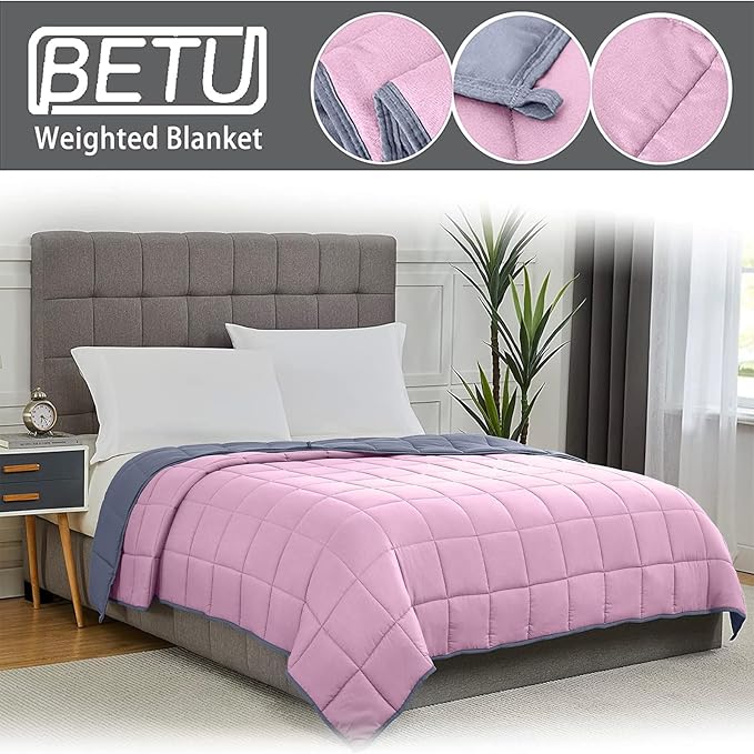 Weighted Blanket for Adults (15lbs, 60"x80" Queen Size) - Cooling and Breathable Heavy Blanket for 120-160lbs with Premium Glass Beads - Soft Thick Blanket for All-Season Sleeping Comfort-Pink Grey