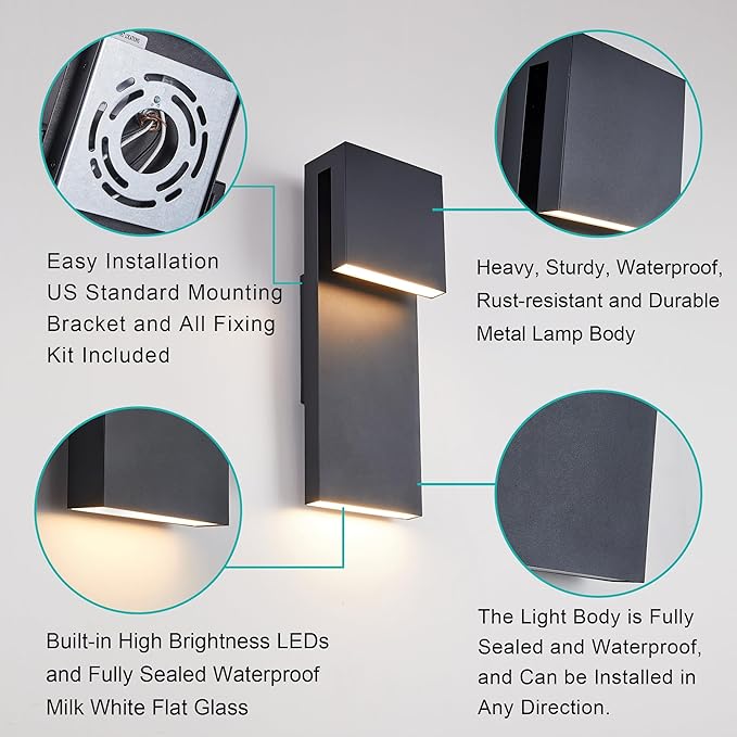 Modern Porch Lights with 2 Pack,Outdoor Indoor Integrated LED Wall Lights,2-Light Total 17W,3000K, Textured Black Finish,Outside Lights Waterproof for House Front Door Patio Garage