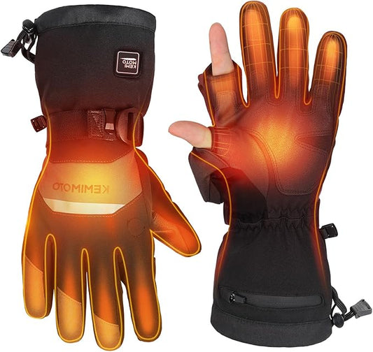 KEMIMOTO Mens Flip Magnetic Heated Gloves, Water-Resistant, Electric Rechargeable Battery 2pcs 7.4V Touchscreen Heating Gloves for Ice Fishing, Skiing, Motorcycling, Camping