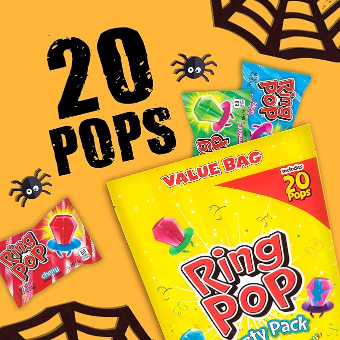 Ring Pop Halloween Candy Lollipops - 20 Ct Bulk Variety Pack in Assorted Fruity Flavors - Full Size, Individually Wrapped Hard Candy For Trick or Treat, Halloween Bowls, Gifts, Party Favors