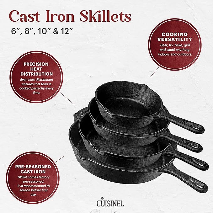 Cuisinel Cast Iron Skillets Set - 6"+8"+10+12"-Inch + Glass Lids + Silicone Handle Holder Cover Grips - Pre-Seasoned Frying Pan - Oven Cookware - Use Indoor/Outdoor, Grill, Stovetop, Fire