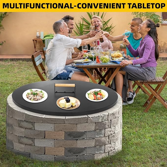 G GOOD GAIN Firepit Lid Round 28 Inch - Rust Resistant Fire Pit Lid Cover with Wooden Handle & Gloves, Fire Pit Snuffer Lid for Courtyards, Patio, Winter Cold Protection.