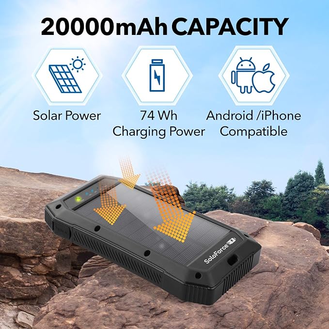 Solar Power Bank - 2000mAh Wireless Portable Charger for iPhone Android | Fast Charging Powerbank | Built-in Qi Panel, USB C Outlets, LED Light | Waterproof External Battery Pack for Camping