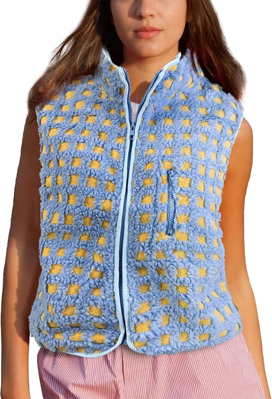 Colorful world Womens Checkered Sherpa Vest Fleece Jacket Lightweight Zip Up Sleeveless Crochet Plaid Gilet with Pocket