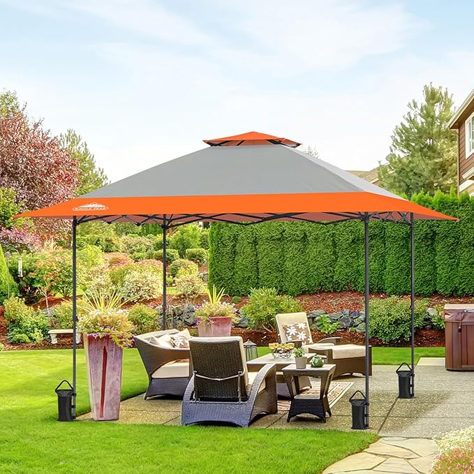 EAGLE PEAK 13x13 Straight Leg Pop Up Canopy Tent Instant Outdoor Canopy Easy Single Person Set up Folding Shelter w/Auto Extending Eaves 169 Square Feet of Shade (Orange)