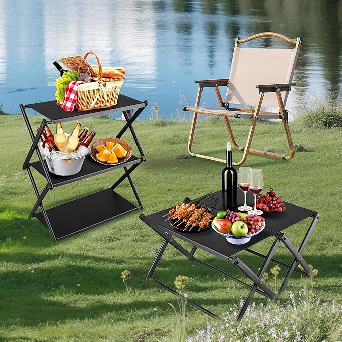 Folding Camping Table with Carry Bag, Portable Beach Tables for Sand Foldable, 3-Tier Storage Shelf Racks for Travel, Fishing, Picnic, Festivals, Outdoor Activities and Home