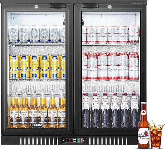 BODEGACOOLER Back Bar Cooler With 2 Glass Doors,Under Counter Back Bar Refrigerator 7.4 Cu.Ft with LED Lighting,Commercial Display Beverage Cooler for Beer,Soda Drinks,Wine