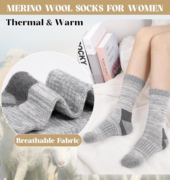 Justay 4 Pairs Merino Wool Socks for Women, Hiking Thermal Warm Winter Cozy Thick Boot Socks for Women Gifts