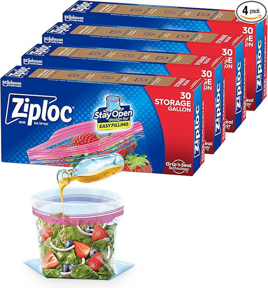 Ziploc Gallon Food Storage Bags, New Stay Open Design with Stand-Up Bottom, Easy to Fill, 30 Count (Pack of 4) (Packaging May Vary)