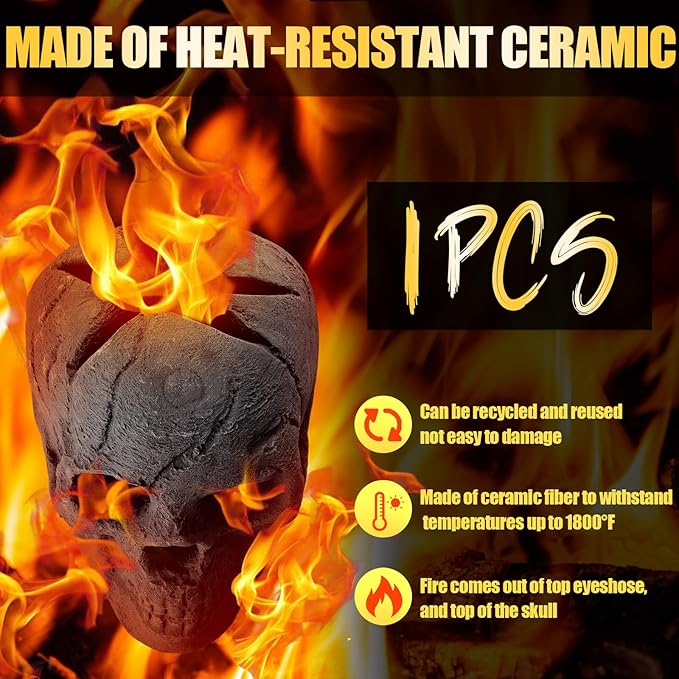 1 Pack Fire Pit Skulls 8.7 Inch Halloween Imitated Human Ceramic Firepit Head Fireproof Skulls Bonfire Accessories Fake Logs Halloween Decor for Gas Campfire Fireplace Wood Fires (Black)