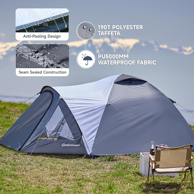 EchoSmile Camping Family Tent for 2-3 Person, Waterproof Dome Tent with Vestibule, Ultralight Easy Setup for Outdoor Camping, 3 Season