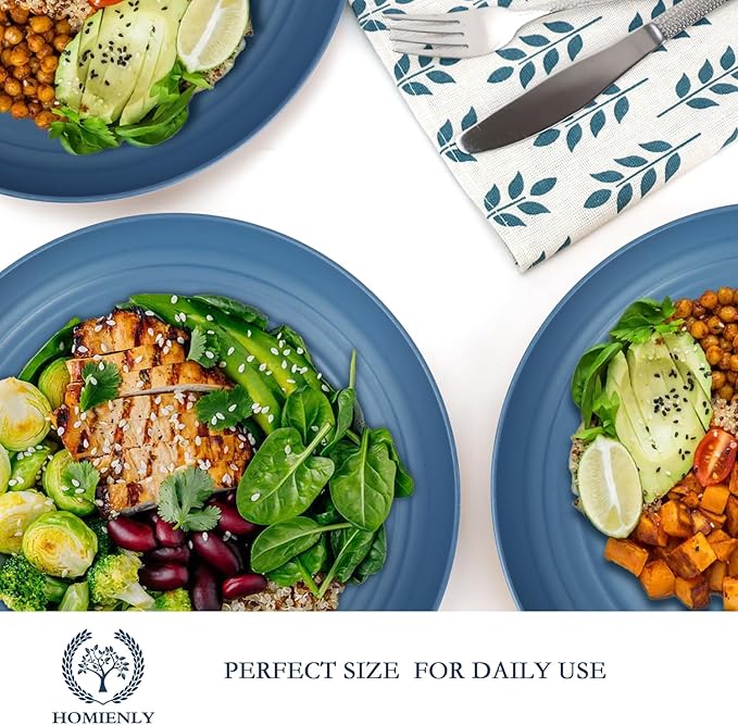 Homienly Deep Dinner Set of 12 - Alternative for Plastic, Microwave and Dishwasher Safe Wheat Straw Plates for Kitchen, Unbreakable Kids (Blue, 9 Inch)