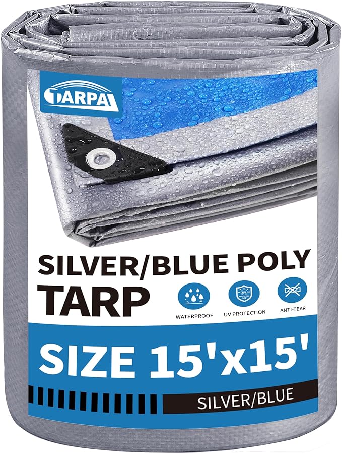 TARPAL Tarps 15x15 Feet Tarp Waterproof Large tarp 7.5mil Waterproof tarps,UV Protection,Rip and Tear Proof,Outdoor Tarp,Poly Tarpaulin(Silver/Blue)