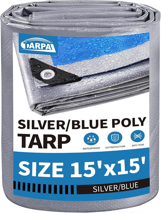 TARPAL Tarps 15x15 Feet Tarp Waterproof Large tarp 7.5mil Waterproof tarps,UV Protection,Rip and Tear Proof,Outdoor Tarp,Poly Tarpaulin(Silver/Blue)