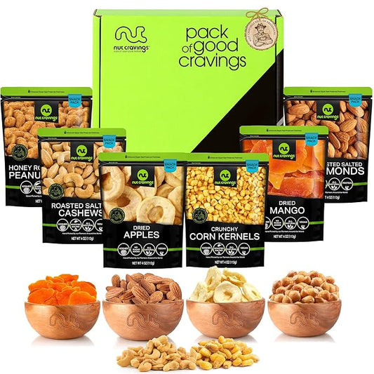 NUT CRAVINGS - Diwali Sweets Hamper Dried Fruit & Mixed Nuts Basket in Green Box (6 Assortments of 4 oz, 1.5 lb) Food Arrangement, Healthy Snack Care Package, Food Assortments