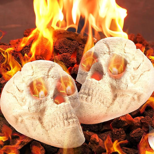 2 Pack Fire Pit Skulls 8.7 Inch Halloween Imitated Human Ceramic Firepit Head Fireproof Skulls Bonfire Accessories Fake Logs Halloween Decor for Gas Campfire Fireplace Wood Fires (White)