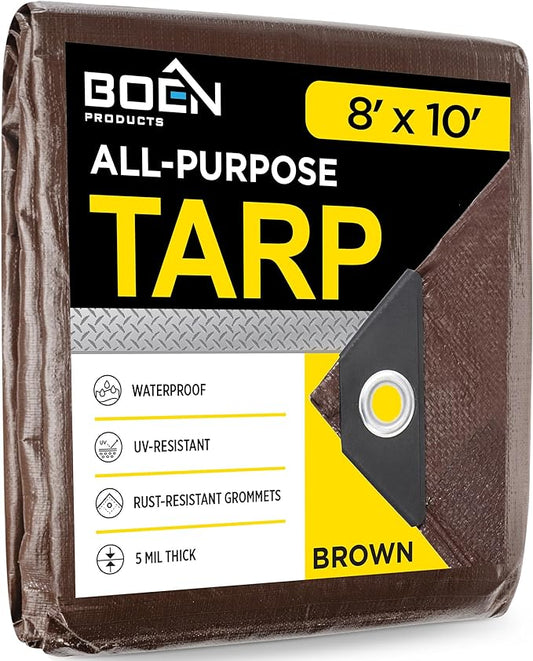 Multi-Purpose Large Tarp Waterproof Cover | Brown, 8' x 10' 5 Mil Thick | Rip Proof Tarps | Thick Weave Material, UV Resistant Great for Tarpaulin Canopy Tent, Boat, RV or Pool Cover