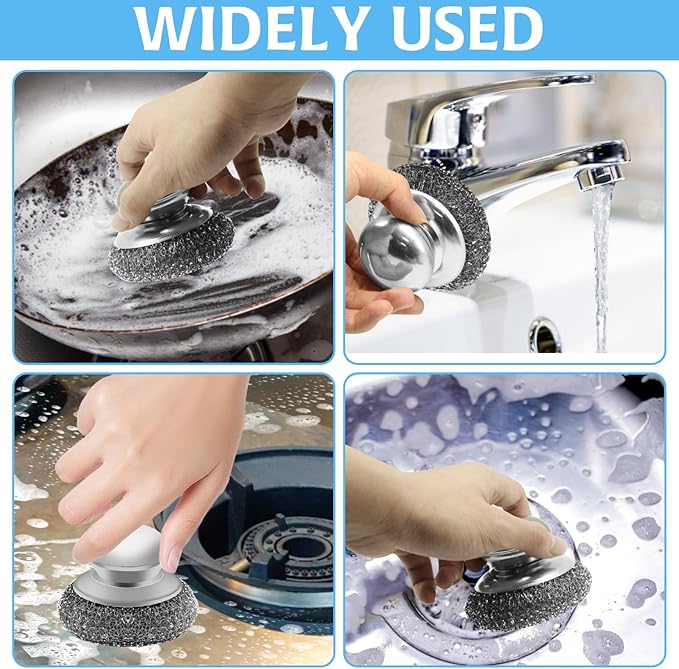 Stainless Steel Wool Scrubber with 2 Replacement Pads - Clean Metal Pans, Pots, Grills & More
