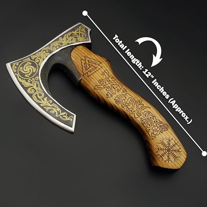SHINY CRAFTS-Viking axe bearded axe tomahawk birthday gifts-Viking Axe with Carbon Steel Head and Ash Wood Handle is black polished, Viking Gifts for Men with Premium Quality Leather Sheath (SCA-0025)