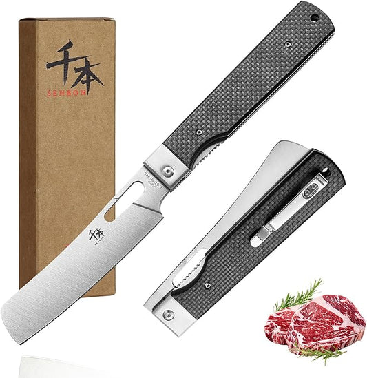 SENBON 440 Stainless Steel Sharp Pocket Folding Chef Fruit Knife Peeling Carbon Fiber Handle Camping Barbecue Outdoor Kitchen Knife with Back Clip