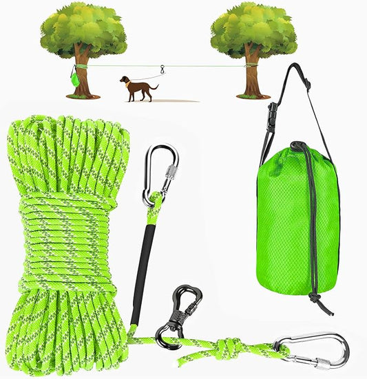 XiaZ Dog Tie Out Cable for Camping, 100FT Portable Overhead Trolley System for Dogs up to 300lbs，Dog Lead for Yard, Camping, Parks, Outdoor Events,5 min Set-up, Green