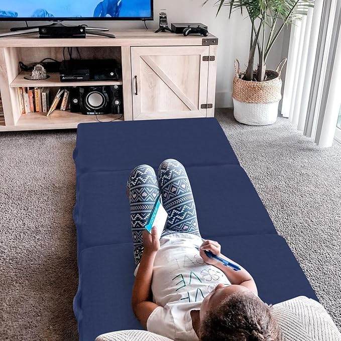 MeMoreCool Foldable Floor Mattress for Kids, Toddler Floor Nap Mat for Sleeping Daycare, Small Child Foldable Mattress Floor Bed, Trifold Futon Portable Tri Folding Mattress, Navy 63x26 Inch