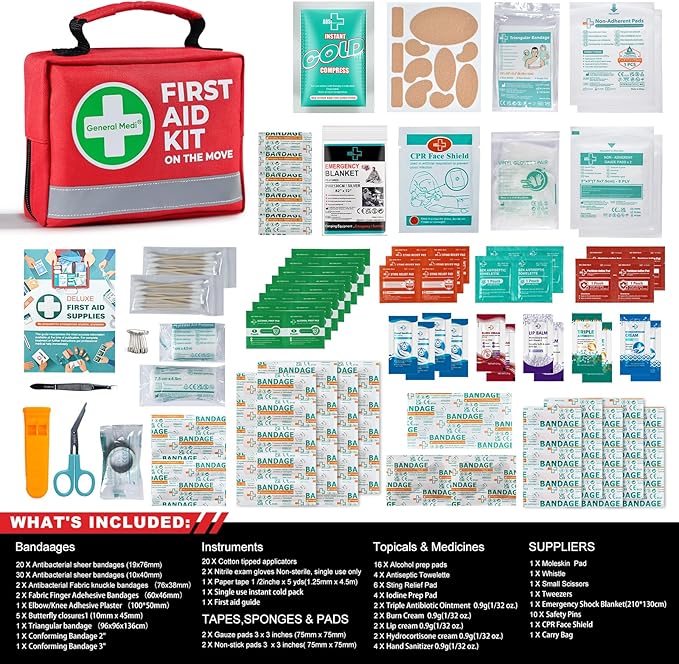 General Medi First Aid Kit - 150 Pieces Small Compact First Aid Kit Bag - Includes Instant Cold Pack, Emergency Blanket for Travel, Home, Office, Vehicle, Camping