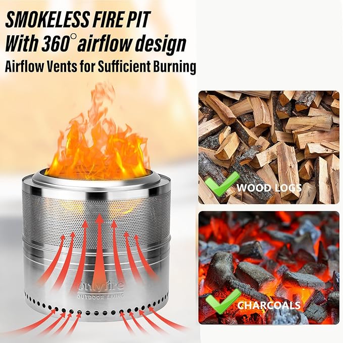 Onlyfire Wood Burning Fire Pit with Carrying Bag, 20” Detachable Portable Outdoor Firepit for Camping Tailgating Patio Backyard Bonfire Party, Perforated Smokeless Fireplace, Stainless Steel FP037