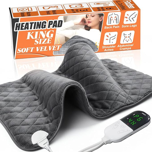 Electric Heating Pad for Pain Relief - 35"x20" King Size, Soft Velvet, Moist & Dry Heat, Adjustable Temperature, Auto Shut-Off, Machine Washable, Ideal for Back, Neck, Shoulder & Menstrual Cramps