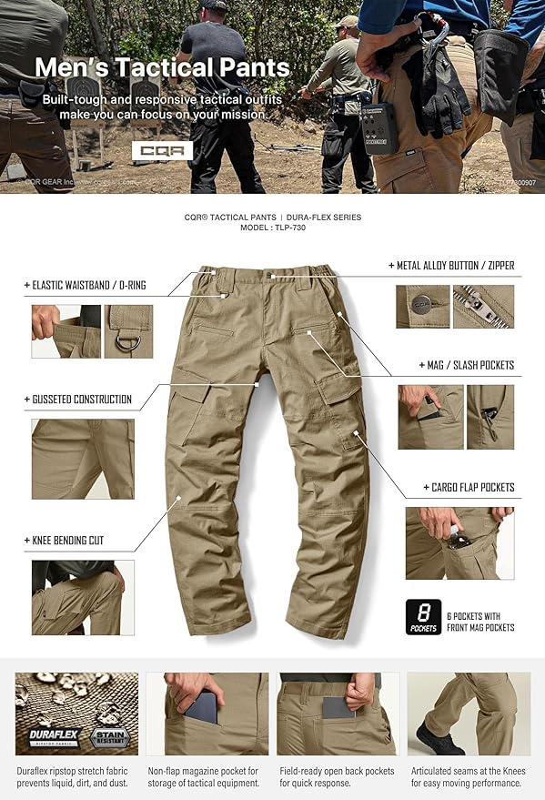 CQR Men's Flex Ripstop Tactical Pants, Water Resistant Stretch Cargo Pants, Lightweight EDC Hiking Work Pants