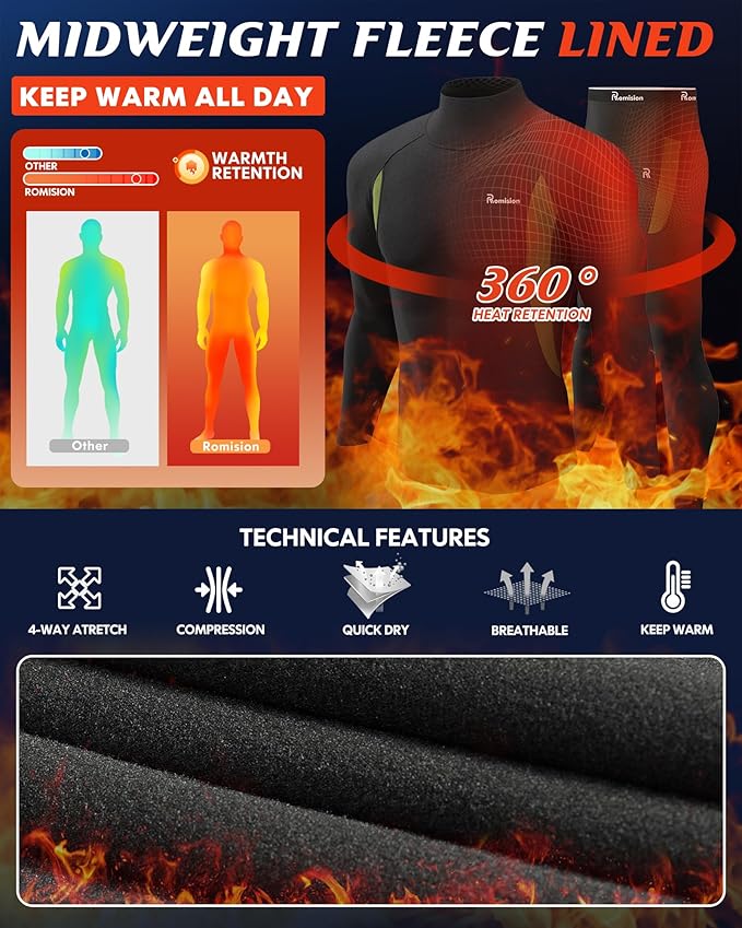 romision 2 Pack Thermal Underwear for Men Long Johns Fleece Lined Hunting Gear Bottom Top Set Base Layer Cold Weather XS-4XL