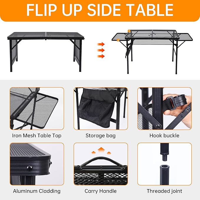 CDEN Camping Grill Table, Camping Table, Portable Table, with Side Table, Mesh Bag, for Camping, Outdoor, Picnic, Indoor