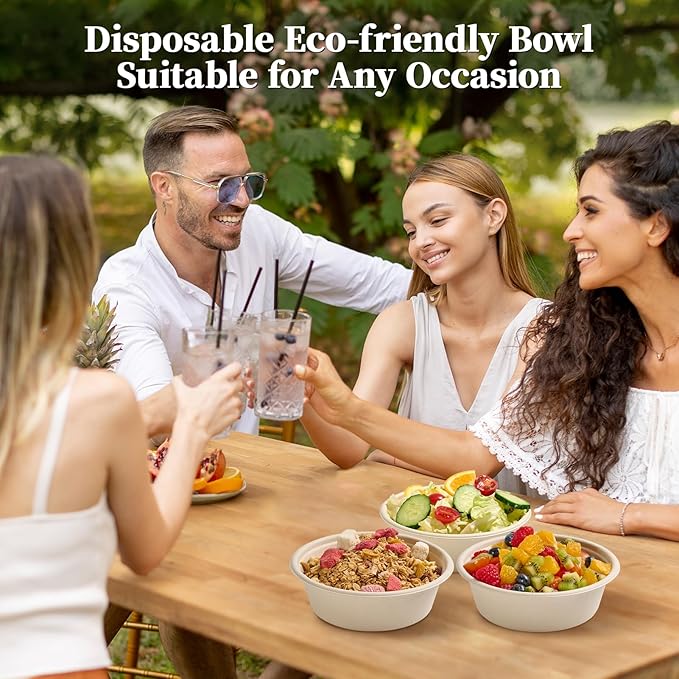 ECOLipak 20 OZ 150 Count Paper Bowls, Disposable Compostable Large Soup Bowl, Heavy Duty Bagasse Bowls for Family Lunch, Dinner Meals, Camping, Party