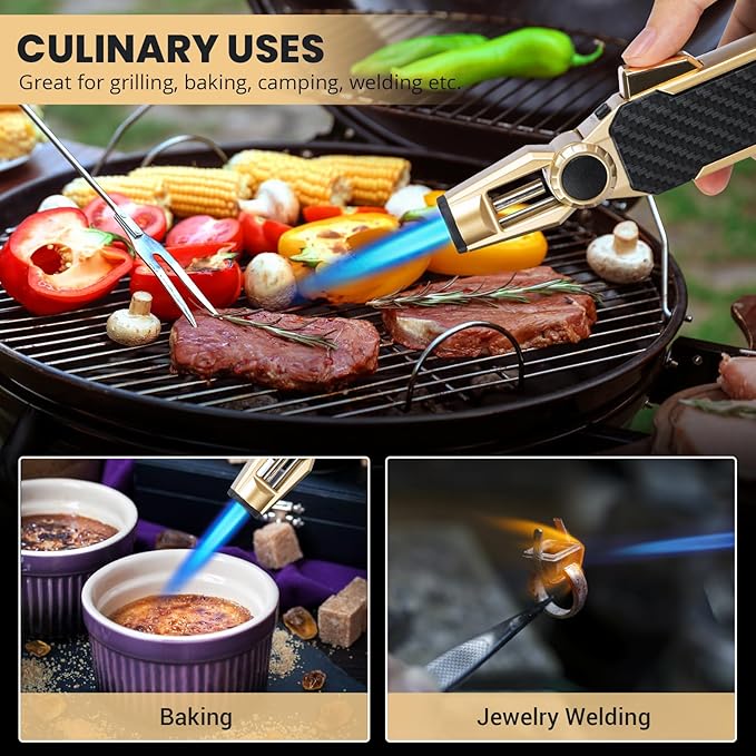 Butane Torch Lighter Adjustable Kitchen Torch with Safety Lock, Butane Refillable Gas Lighter Cooking Torch - Adjustable Windproof Jet Flame for Camping Baking BBQ Soldering Grill Candle