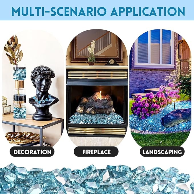 20 Pounds Fire Glass 1/2 Inch High Reflective Tempered Firepit Glass Rocks for Fireplace, Fire Pit Table, Fire Bowl and Landscaping (Aqua Blue)