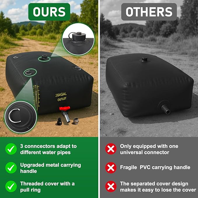 1000L/264Gal Water Bladder with Water Level Indicator, PVC Foldable and Portable Water Tank with 3 Connectors and Overflow Kit, Ideal for RV, Camping, Rainwater Collecting,Planting Watering