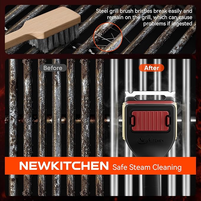 Grill Brush Bristle-Free Steam Cleaning, BBQ Brush Replaceable Heat-Resistant Kevlar Head with Grill Scraper Safe Barbecue Grill Cleaner for All Grill Types (2 Pack Cleaning Head)