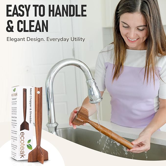 Teak Wooden Meat Chopper, Ground Beef Chopper Tool, Hamburger Smasher, Potato Masher & Chicken Shredder, Durable Wood Meat Pounder Kitchen Utensil, Cooking Gadget 10.5 Inches